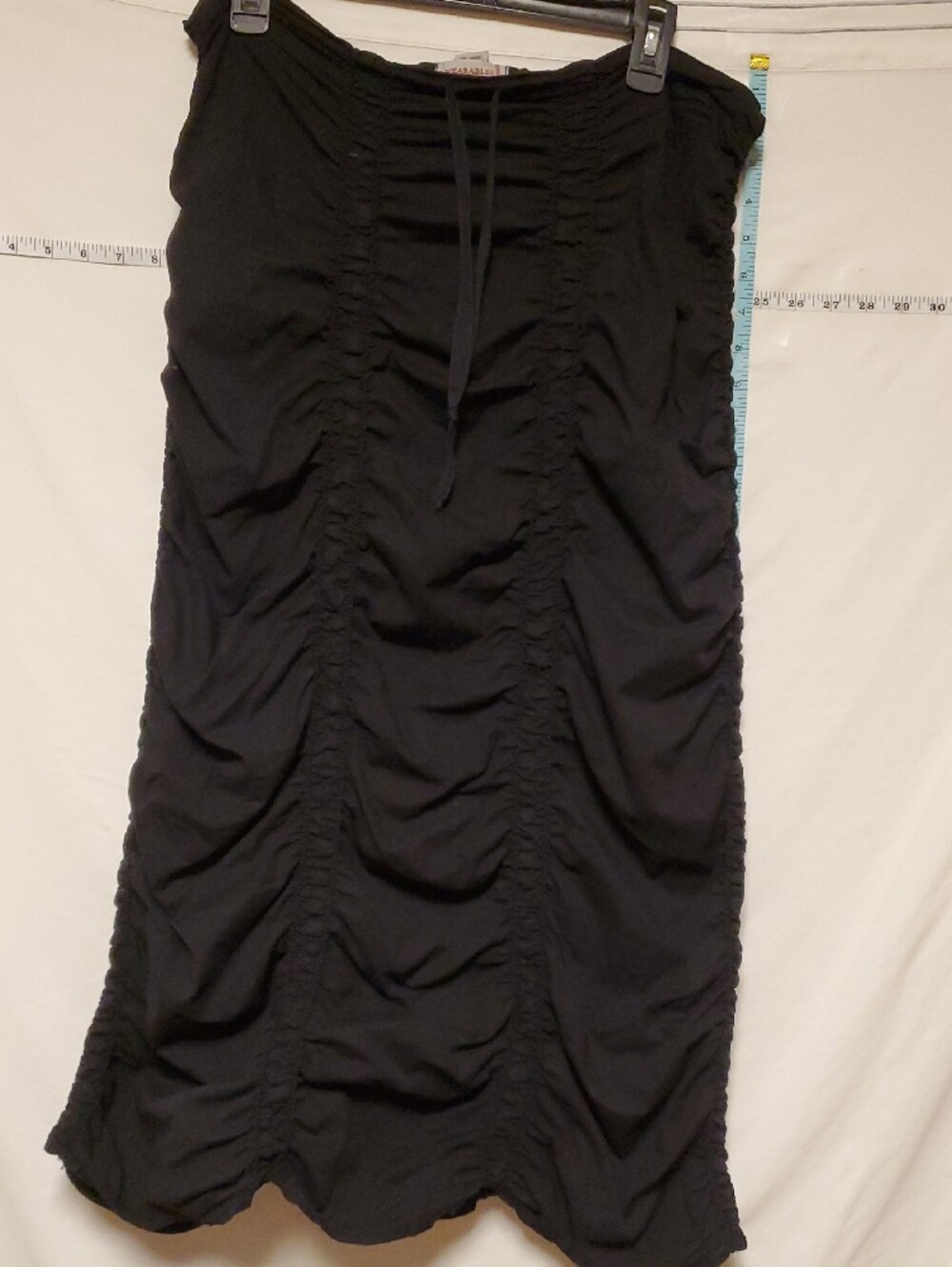 XCVI Wearables Black Cotton Ruched Drawcord Pulll On Midi Skirt Lg Lagenlook Emo